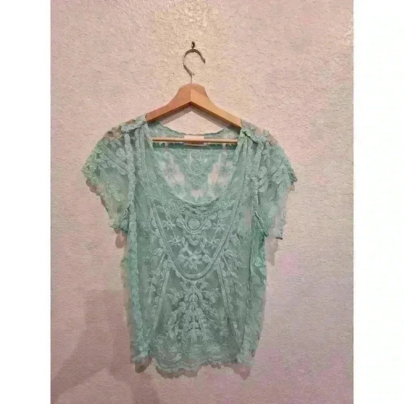 Crochet Boho Lace Blouse Tee T Shirt Beach Mesh Sheer top SZ large - Picture 1 of 3